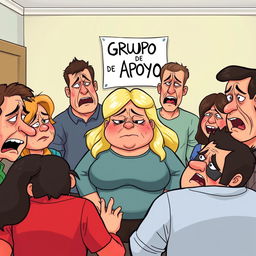 A cartoonish and caricature-style support group scene