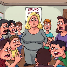 A cartoonish and caricature-style support group scene