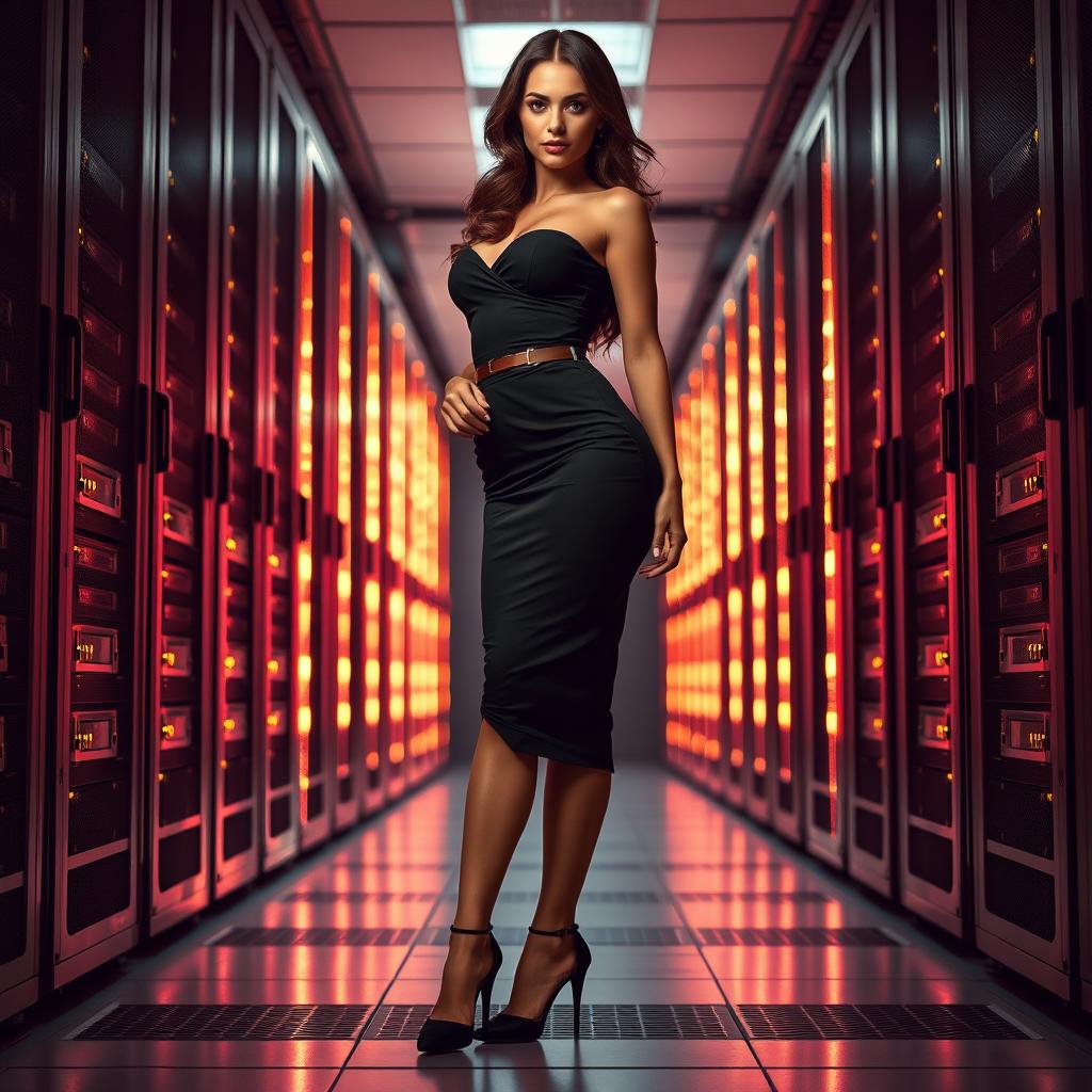 A seductive and confident woman dressed in a form-fitting, elegant dress and high heels, posing alluringly in a high-tech server room