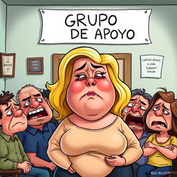 a caricature-style cartoon of a support group in a room, with a chubby blonde woman in the center