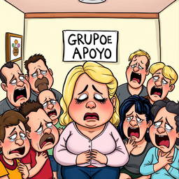 a caricature-style cartoon of a support group in a room, with a chubby blonde woman in the center