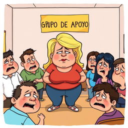 a caricature-style cartoon of a support group in a room, with a chubby blonde woman in the center