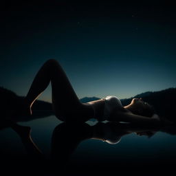 An artistic and realistic photo capturing the illuminated edge of a silhouette of a young, slender woman in a bikini, lying on her back sideways