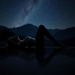 An artistic and realistic photo capturing the illuminated edge of a silhouette of a young, slender woman in a bikini, lying on her back sideways