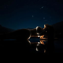 An artistic and realistic photo capturing the illuminated edge of a silhouette of a young, slender woman in a bikini, lying on her back sideways