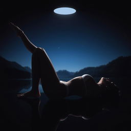 An artistic and realistic photo capturing the illuminated edge of a silhouette of a young, slender woman in a bikini, lying on her back sideways