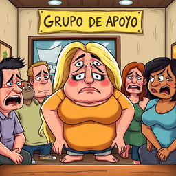 A cartoonish and caricature-style support group scene with a comically exaggerated, overweight blonde woman at the center of the room