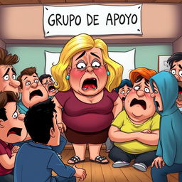 A cartoonish and caricature-style support group scene with a comically exaggerated, overweight blonde woman at the center of the room