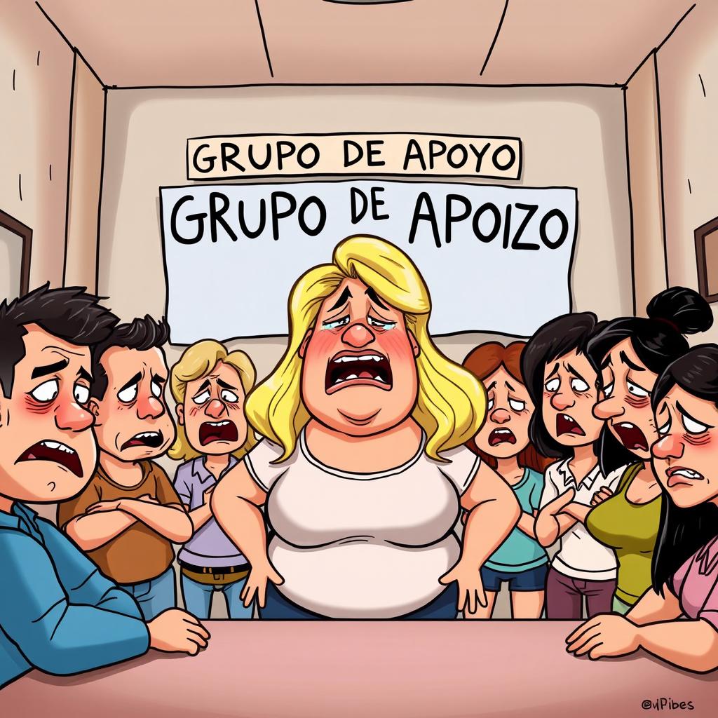 A cartoonish and caricature-style support group scene with a comically exaggerated, overweight blonde woman at the center of the room