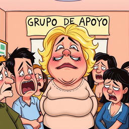 A cartoonish and caricature-style support group scene with a comically exaggerated, overweight blonde woman at the center of the room