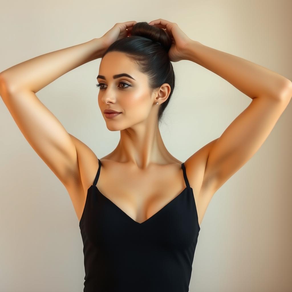 A graceful and confident woman showcasing her armpits, with her arms elegantly raised above her head