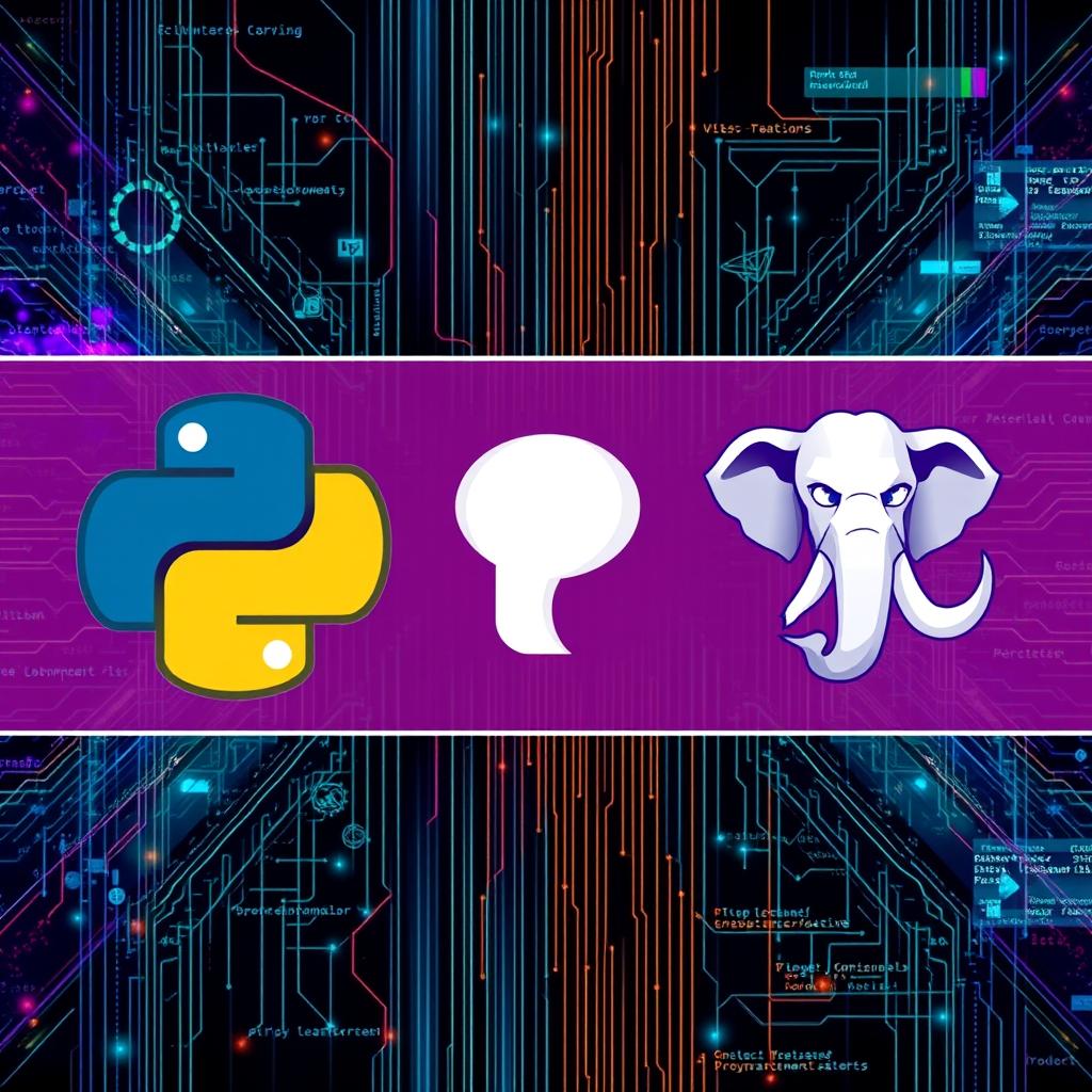 full HD image featuring Python, PostgreSQL, and Streamlit, Python logo with a snake theme, PostgreSQL elephant mascot, Streamlit interface elements, digital tech collage, harmonious blend of colors