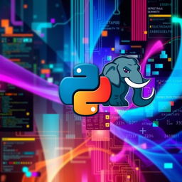 full HD image featuring Python, PostgreSQL, and Streamlit, Python logo with a snake theme, PostgreSQL elephant mascot, Streamlit interface elements, digital tech collage, harmonious blend of colors