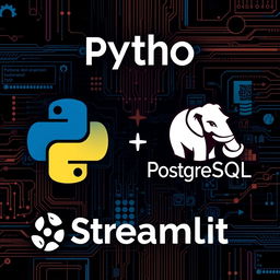 full HD image featuring Python, PostgreSQL, and Streamlit, Python logo with a snake theme, PostgreSQL elephant mascot, Streamlit interface elements, digital tech collage, harmonious blend of colors