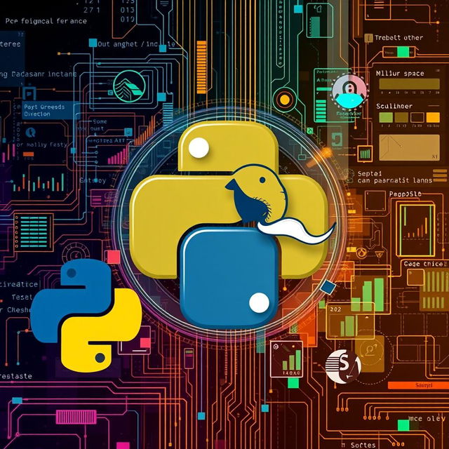 full HD image featuring Python, PostgreSQL, and Streamlit, Python logo with a snake theme, PostgreSQL elephant mascot, Streamlit interface elements, digital tech collage, harmonious blend of colors