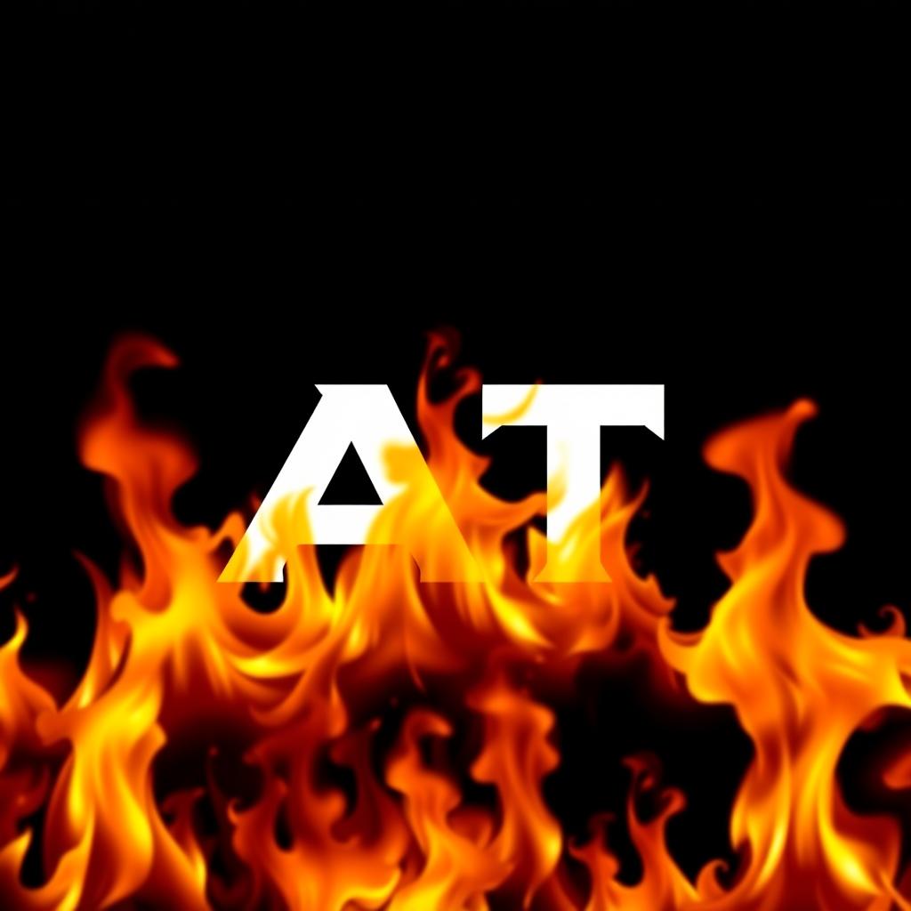 A bold, capital letter 'A' and 'T' on a black background with raging flames in the foreground, creating a dramatic and intense contrast