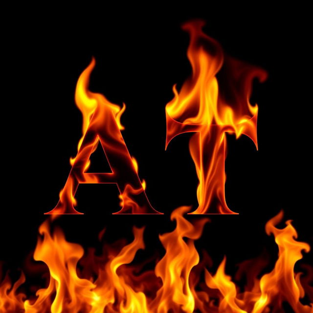 A bold, capital letter 'A' and 'T' on a black background with raging flames in the foreground, creating a dramatic and intense contrast