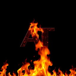 A bold, capital letter 'A' and 'T' on a black background with raging flames in the foreground, creating a dramatic and intense contrast