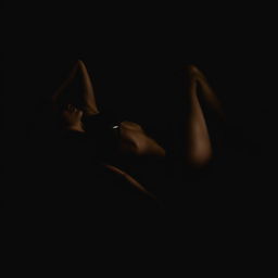 A young woman in a bikini, lying on her back sideways in a completely dark space