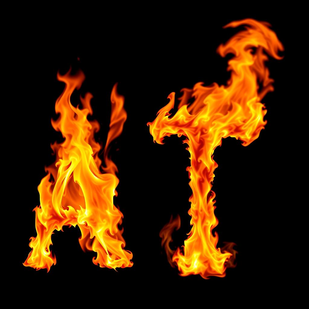 A fiery letter 'A' and a fiery letter 'T' engulfed in bright, dynamic flames