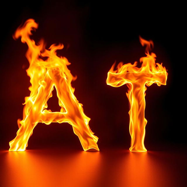 The letters A and T engulfed in fiery flames, illumination casting warm glows, presented on a pitch black background, creating a dramatic and intense contrast