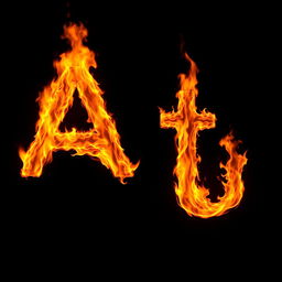 The letters A and T engulfed in fiery flames, illumination casting warm glows, presented on a pitch black background, creating a dramatic and intense contrast