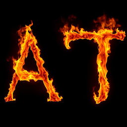 The letters A and T engulfed in fiery flames, illumination casting warm glows, presented on a pitch black background, creating a dramatic and intense contrast