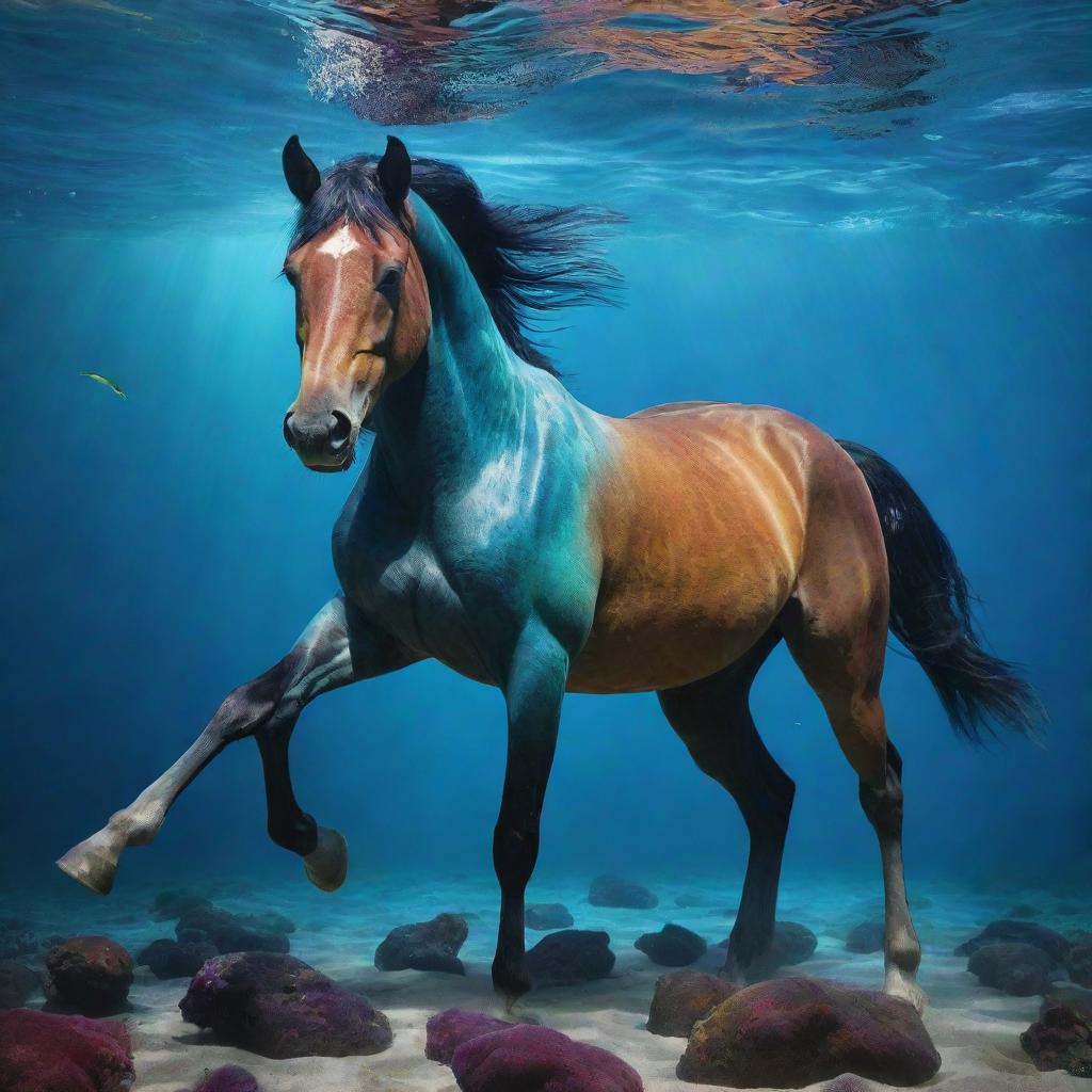 A mystic neo-colored horse existing beneath the ocean, in a vibrant underwater landscape teeming with aquatic life