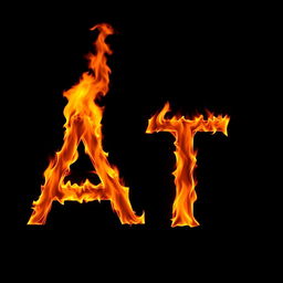 The letters A and T engulfed in fiery flames, illumination casting warm glows, presented on a pitch black background, creating a dramatic and intense contrast