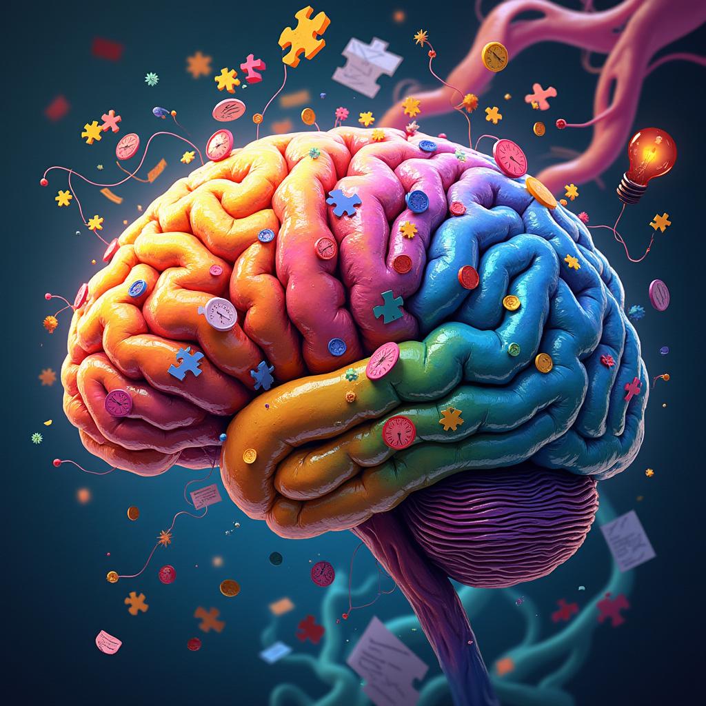 A colorful 3D brain with vibrant hues and intricate details, surrounded by a chaotic constellation of elements representing ADHD