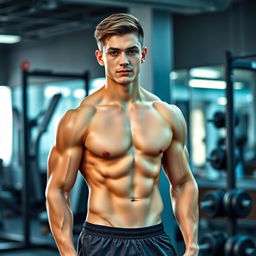 A young athletic male with well-defined six-pack abs, standing confidently in a gym setting, showcasing his fitness and strength