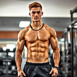 A young athletic male with well-defined six-pack abs, standing confidently in a gym setting, showcasing his fitness and strength