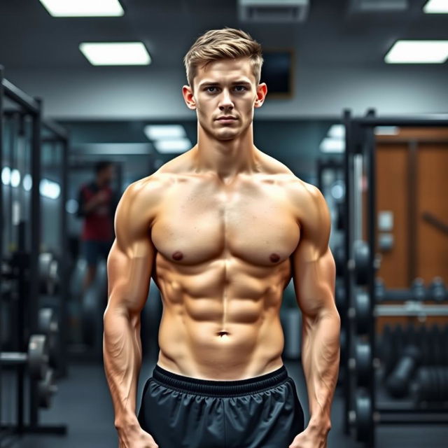 A young athletic male with well-defined six-pack abs, standing confidently in a gym setting, showcasing his fitness and strength