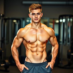 A young athletic male with well-defined six-pack abs, standing confidently in a gym setting, showcasing his fitness and strength