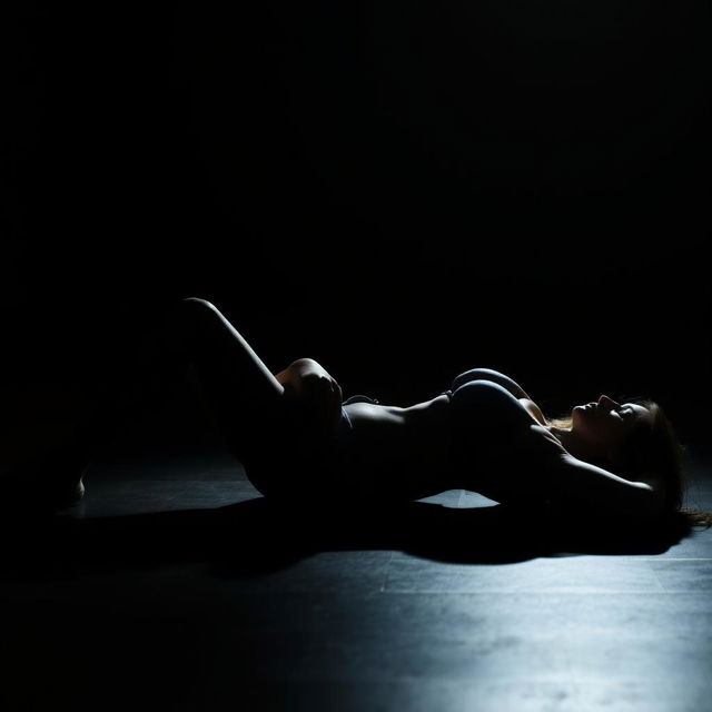 A young woman in a bikini is lying on her back, side facing towards us, in a completely dark space