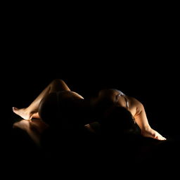 A young woman in a bikini is lying on her back, side facing towards us, in a completely dark space