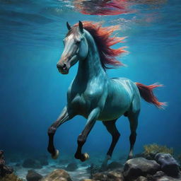 A mystic neo-colored horse existing beneath the ocean, in a vibrant underwater landscape teeming with aquatic life