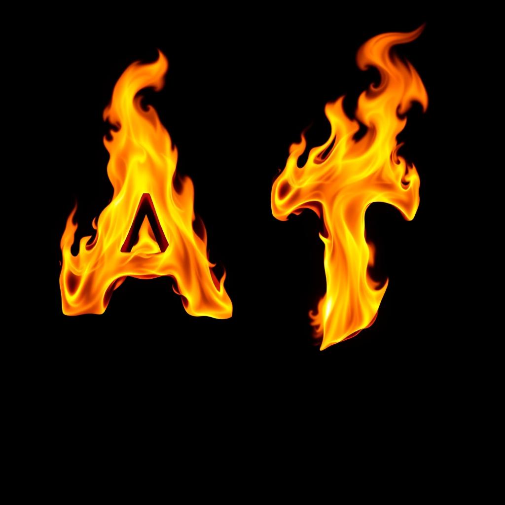 An uppercase letter 'A' and an uppercase letter 'T' engulfed in vibrant flames, set against a deep black background, the letters should be clearly distinguishable and vividly set apart by the intensity of the flames