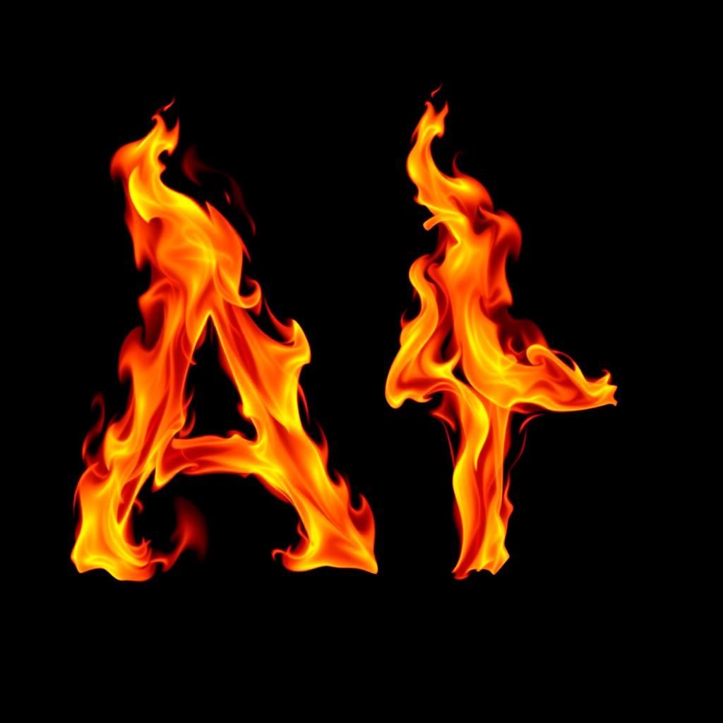 An uppercase letter 'A' and an uppercase letter 'T' engulfed in vibrant flames, set against a deep black background, the letters should be clearly distinguishable and vividly set apart by the intensity of the flames