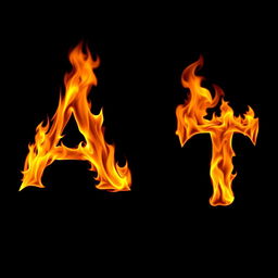 An uppercase letter 'A' and an uppercase letter 'T' engulfed in vibrant flames, set against a deep black background, the letters should be clearly distinguishable and vividly set apart by the intensity of the flames