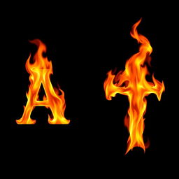 An uppercase letter 'A' and an uppercase letter 'T' engulfed in vibrant flames, set against a deep black background, the letters should be clearly distinguishable and vividly set apart by the intensity of the flames