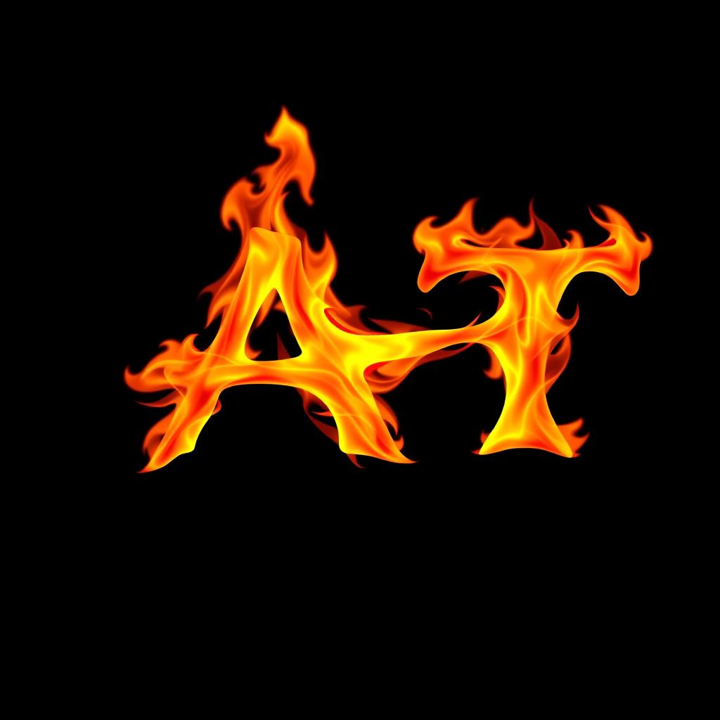 A flaming letter 'A' and 'T' merged together, prominently displayed on a black background