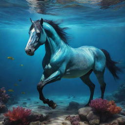 A mystic neo-colored horse existing beneath the ocean, in a vibrant underwater landscape teeming with aquatic life