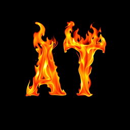 A flaming letter 'A' and 'T' merged together, prominently displayed on a black background