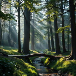 A serene, tranquil forest with tall, majestic trees and a gentle stream flowing through it