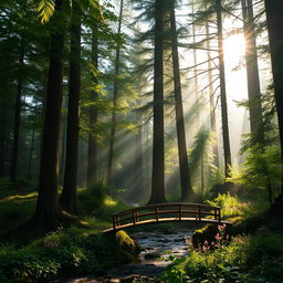 A serene, tranquil forest with tall, majestic trees and a gentle stream flowing through it