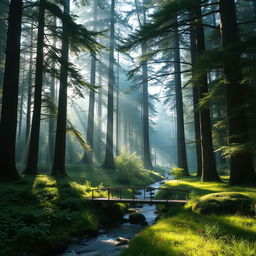 A serene, tranquil forest with tall, majestic trees and a gentle stream flowing through it