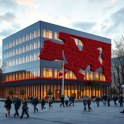 An office building with a rectangular or cubic shape, featuring an inward indentation on the facade that forms the contours of the map of Ukraine