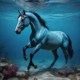 A mystic neo-colored horse existing beneath the ocean, in a vibrant underwater landscape teeming with aquatic life