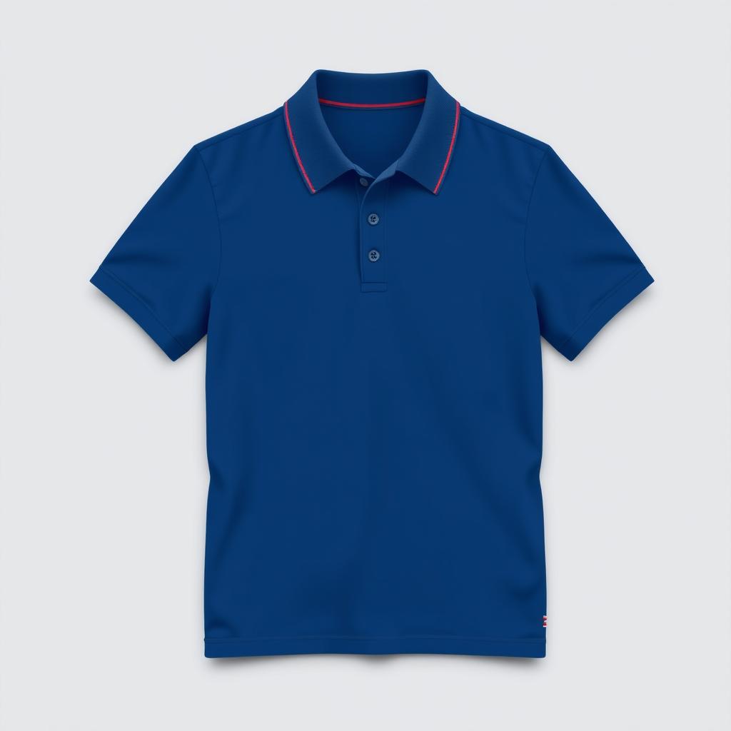 A simple yet elegant polo t-shirt design in a rich blue color, featuring a distinct red line accent